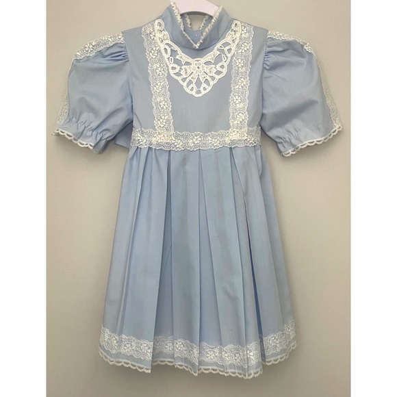 SANDY’S GIRLS Vintage Blue & White Lace Frill Dress Sz. 6 - Picture 1 of 5